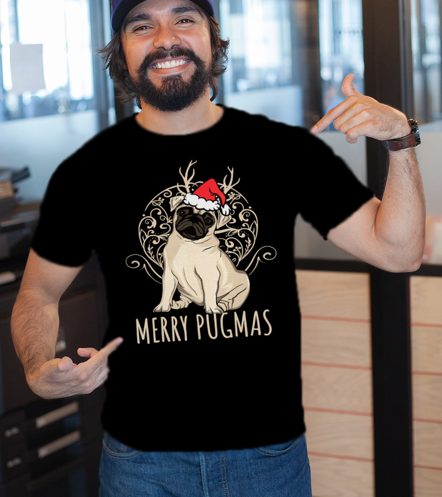 Merry Pugmas Funny Pug With Santa Hat And Antlers T-Shirt