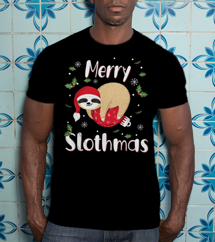 Merry Slothmas Christmas Sloth Holiday Festive Santa Hat Snowflakes T-Shirt