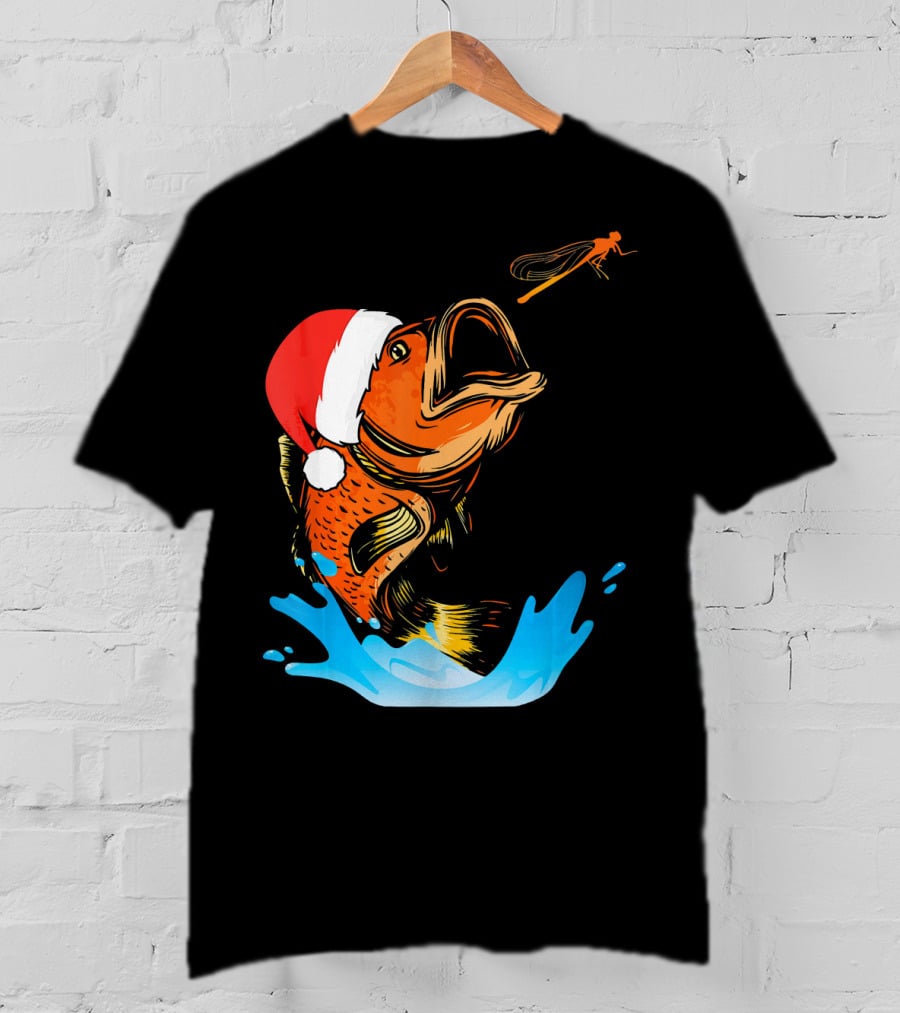 Bass Fishing Santa Hat Splashing Christmas Fish T-Shirt