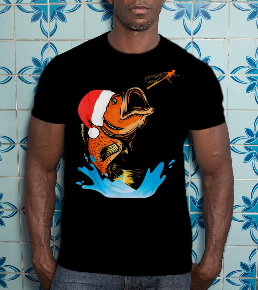 Bass Fishing Santa Hat Splashing Christmas Fish T-Shirt
