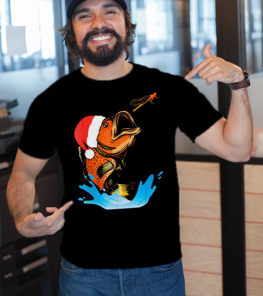 Bass Fishing Santa Hat Splashing Christmas Fish T-Shirt