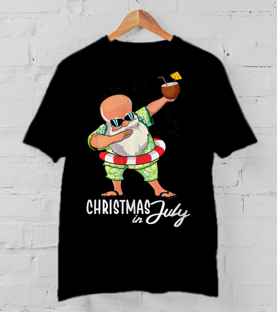 Dabbing Santa Christmas In July Coconut Drink Sunglasses Summer Fun T-Shirt