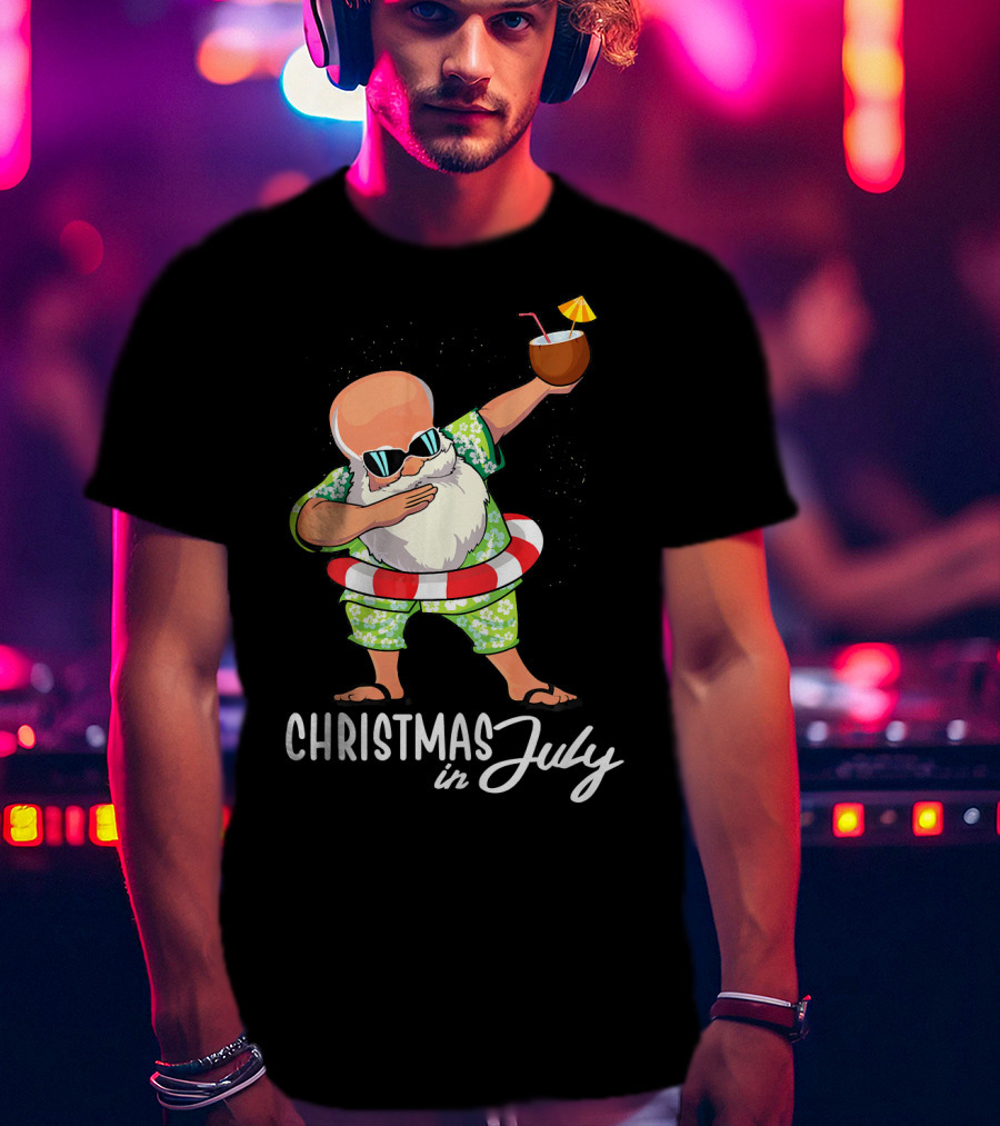 Dabbing Santa Christmas In July Coconut Drink Sunglasses Summer Fun T-Shirt