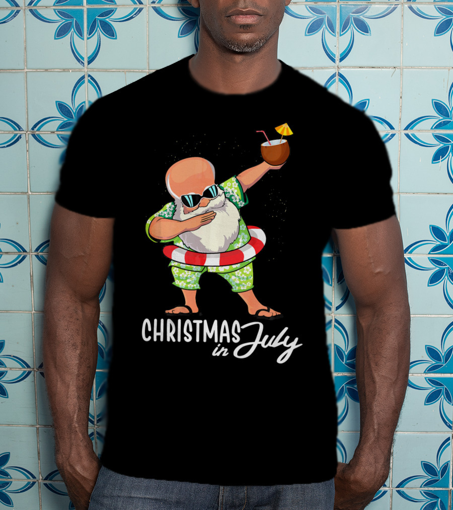 Dabbing Santa Christmas In July Coconut Drink Sunglasses Summer Fun T-Shirt