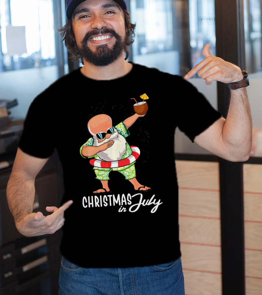 Dabbing Santa Christmas In July Coconut Drink Sunglasses Summer Fun T-Shirt
