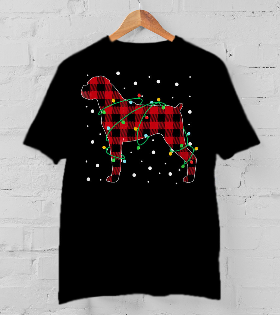 Red Plaid Boxer With Christmas Lights And Snowflakes T-Shirt