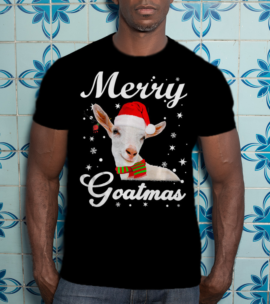 Merry Goatmas Santa Hat Snowflakes Festive Goat T-Shirt