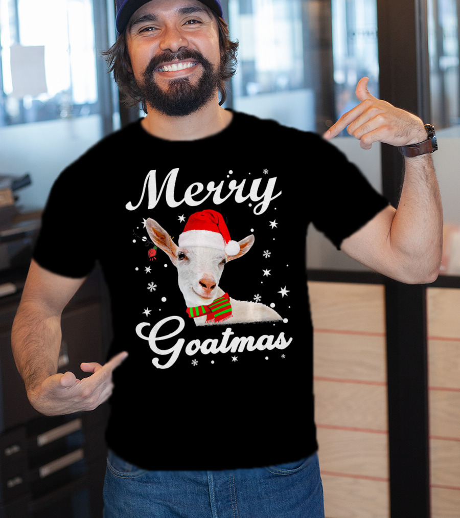 Merry Goatmas Santa Hat Snowflakes Festive Goat T-Shirt