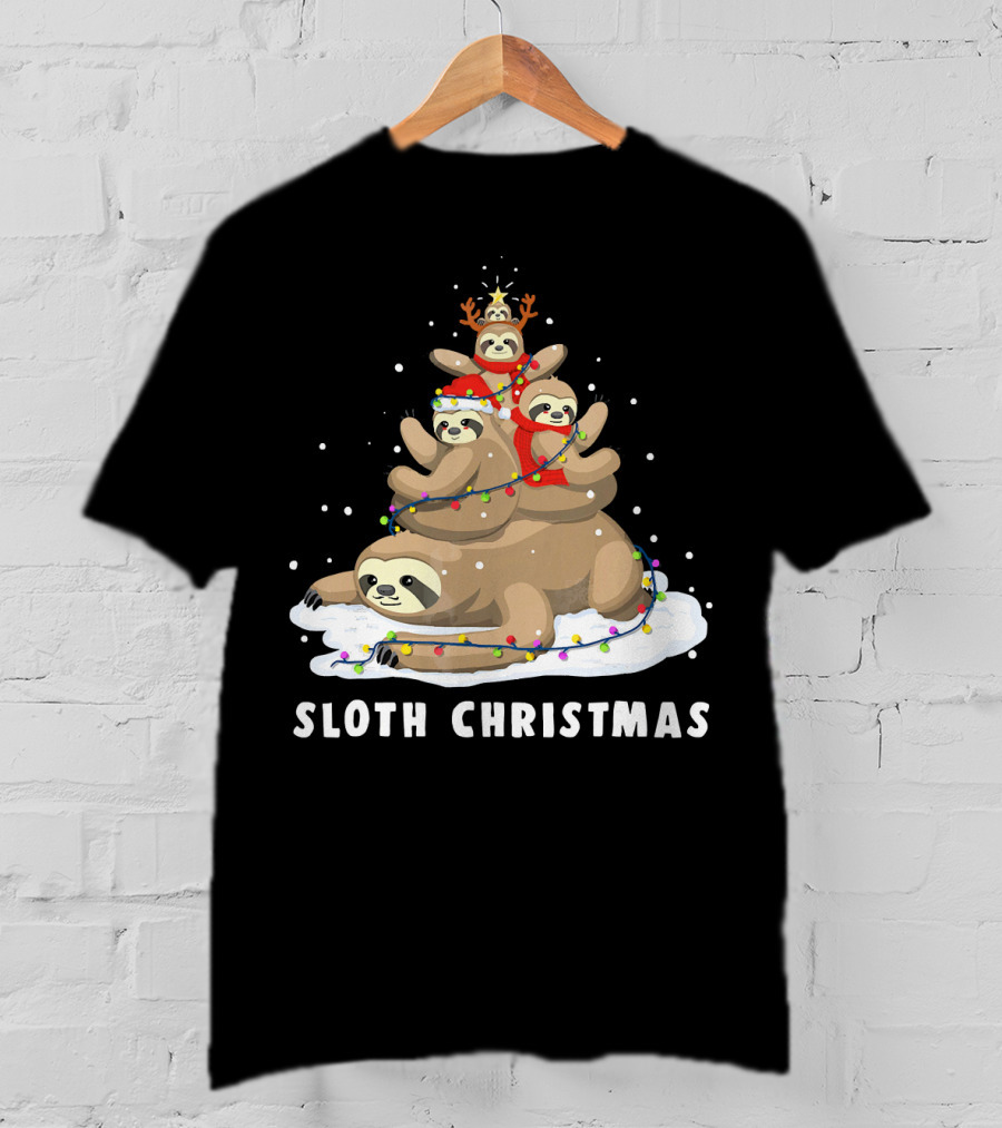 Sloth Christmas Tree With Reindeer And Santa Hats T-Shirt