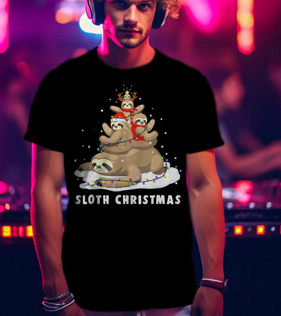 Sloth Christmas Tree With Reindeer And Santa Hats T-Shirt
