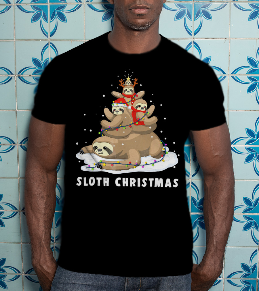 Sloth Christmas Tree With Reindeer And Santa Hats T-Shirt