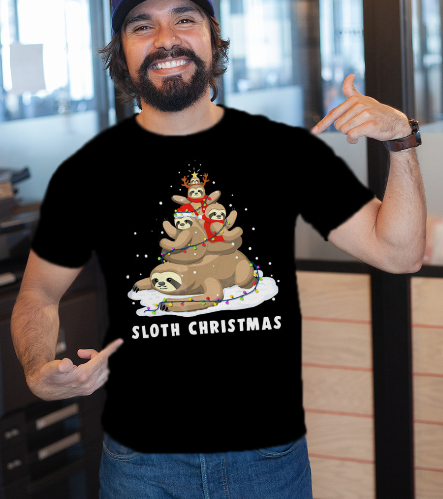 Sloth Christmas Tree With Reindeer And Santa Hats T-Shirt