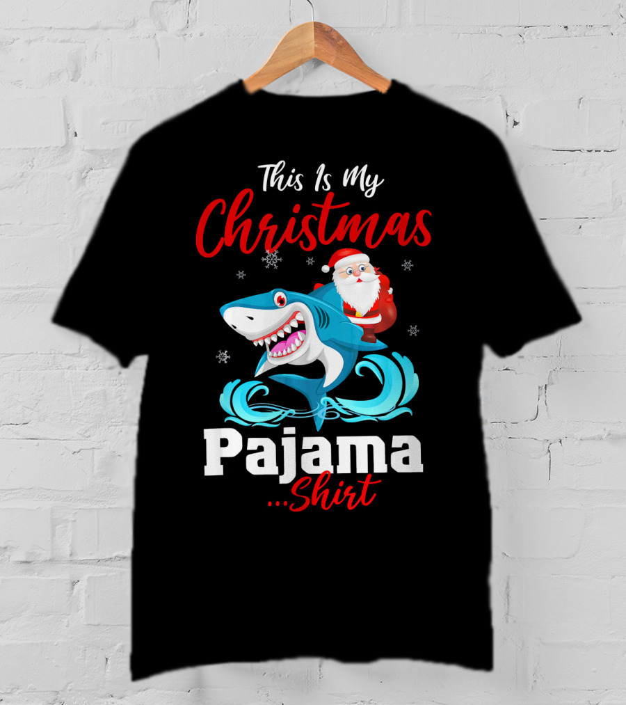 This Is My Christmas Pajama Shirt Santa Riding Shark T-Shirt