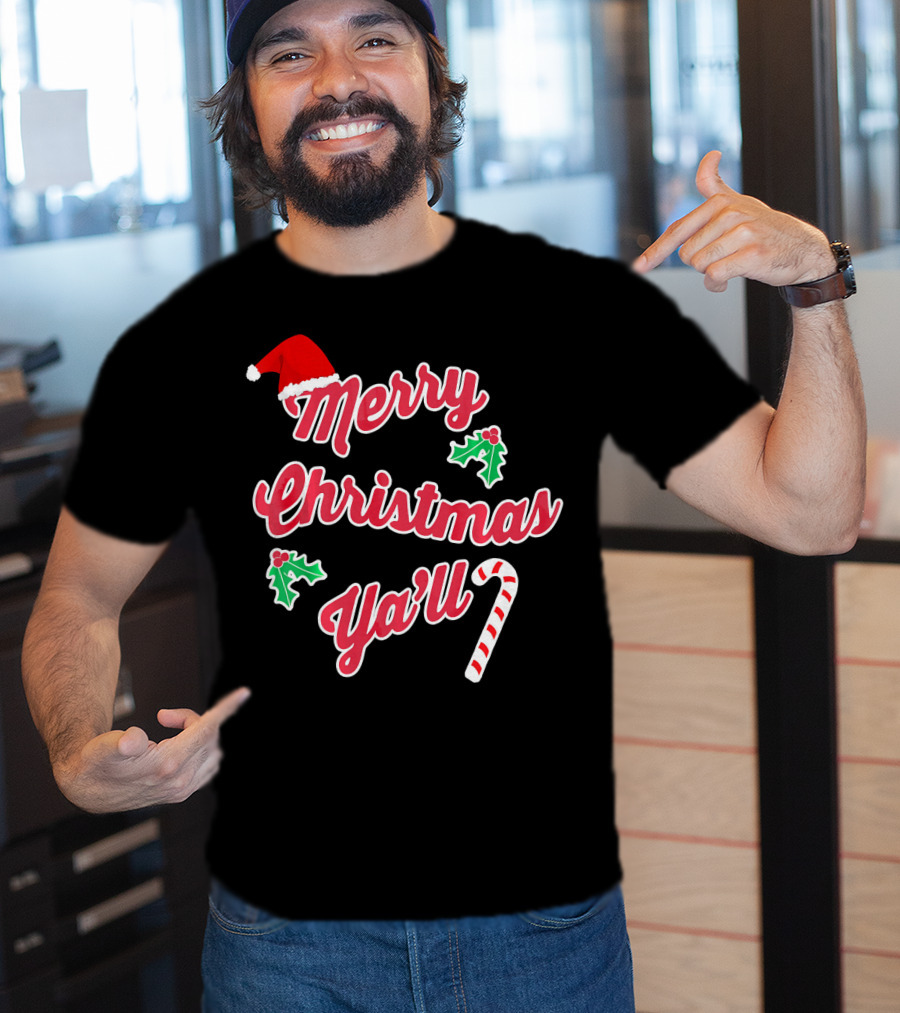 Merry Christmas Y'all Santa Hat Holly Candy Cane T-Shirt