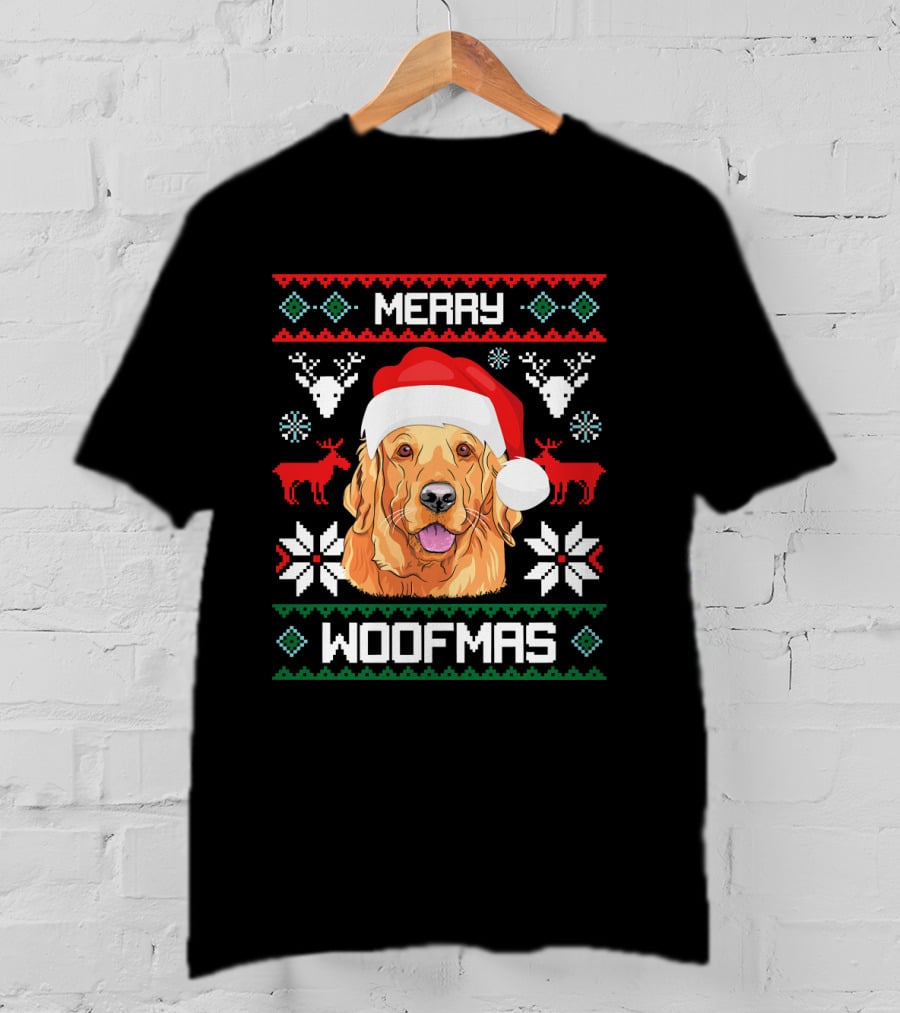 Golden Retriever Merry Woofmas Santa Hat Christmas Reindeer T-Shirt