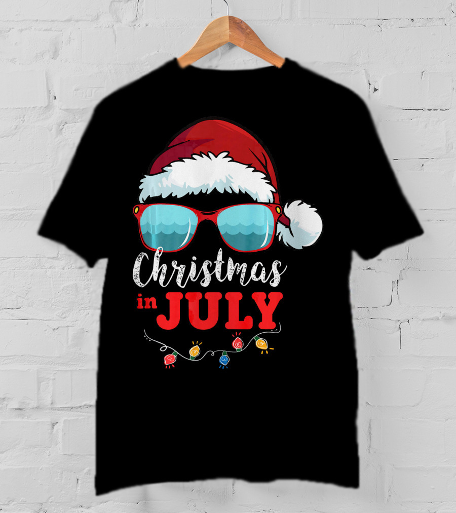 Santa Hat Sunglasses Christmas In July Holiday Lights T-Shirt