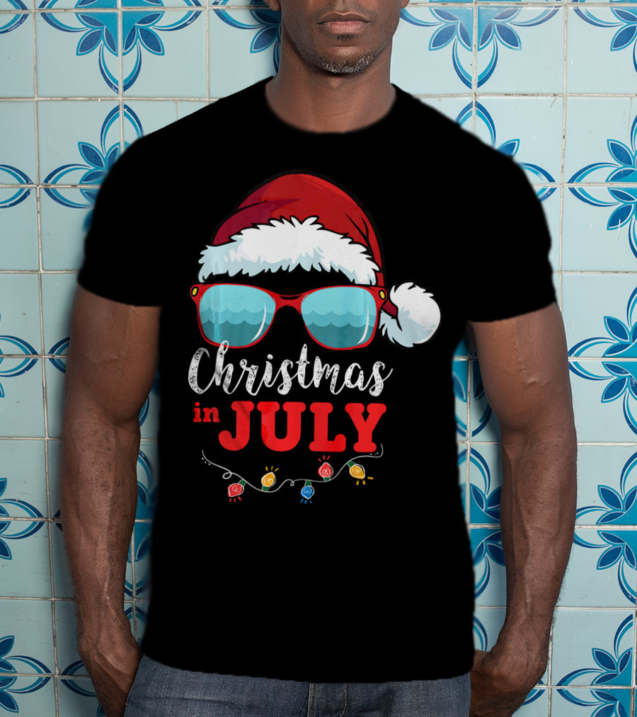 Santa Hat Sunglasses Christmas In July Holiday Lights T-Shirt
