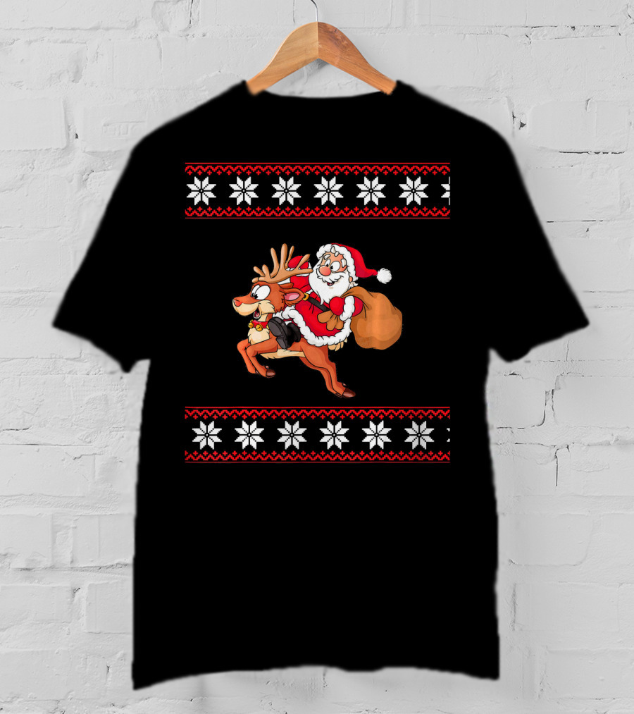 Christmas Santa Claus Riding Rudolph Reindeer Snowflake T-Shirt