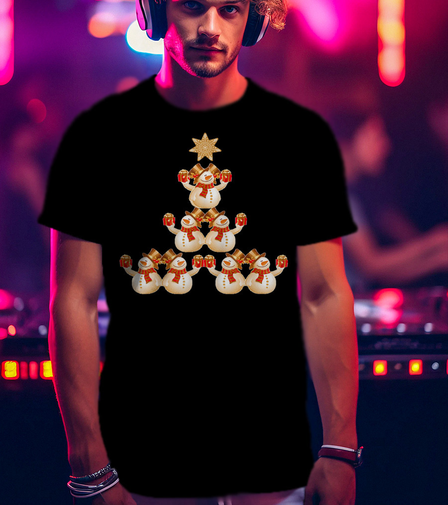 Snowman Pyramid Christmas Tree With Star And Red Gift Boxes T-Shirt