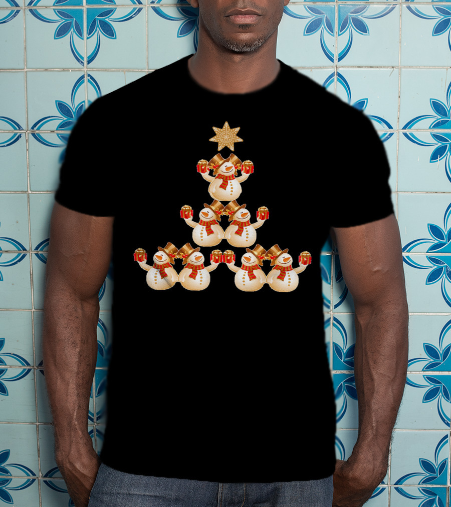 Snowman Pyramid Christmas Tree With Star And Red Gift Boxes T-Shirt
