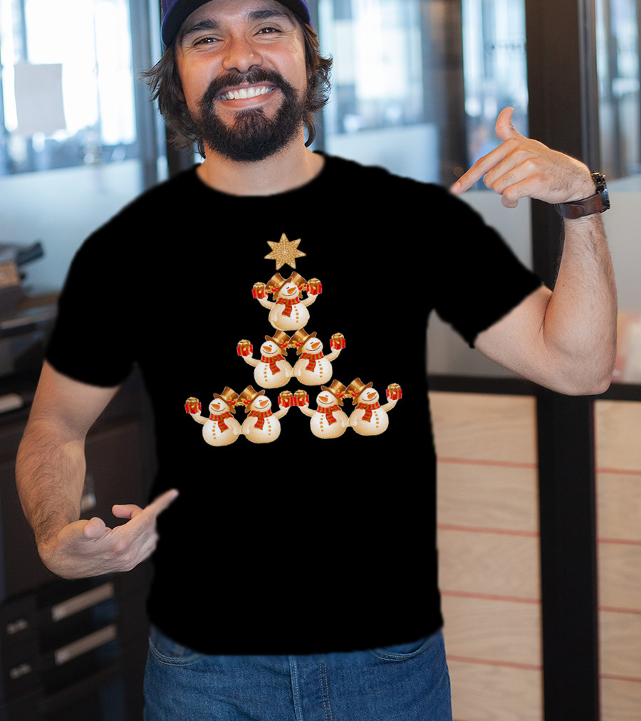 Snowman Pyramid Christmas Tree With Star And Red Gift Boxes T-Shirt