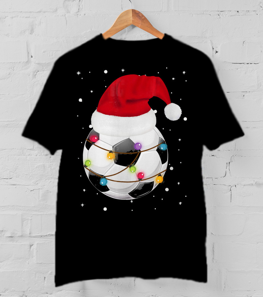 Santa Hat Soccer Ball Wrapped In Christmas Lights With Falling Snow T-Shirt