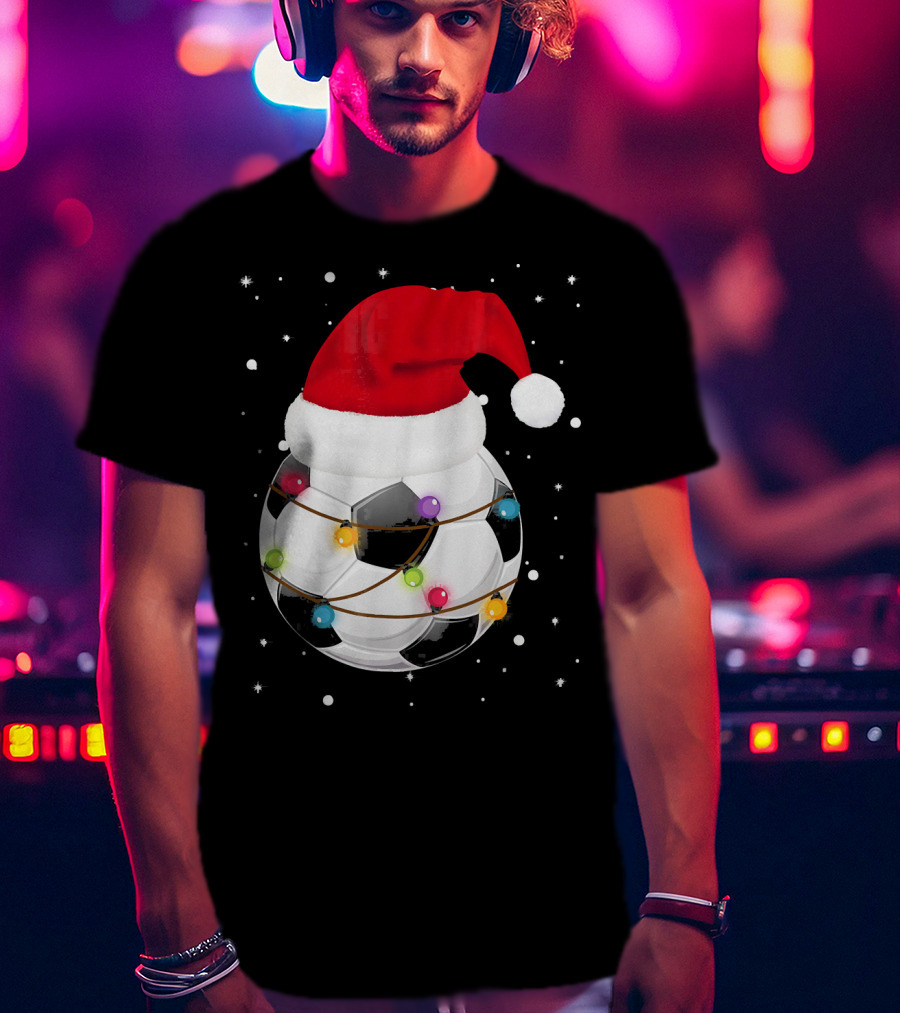 Santa Hat Soccer Ball Wrapped In Christmas Lights With Falling Snow T-Shirt