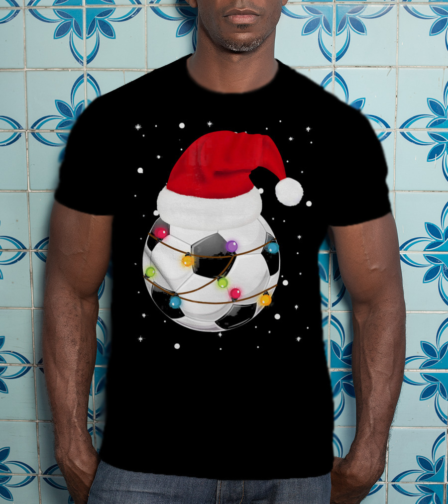 Santa Hat Soccer Ball Wrapped In Christmas Lights With Falling Snow T-Shirt