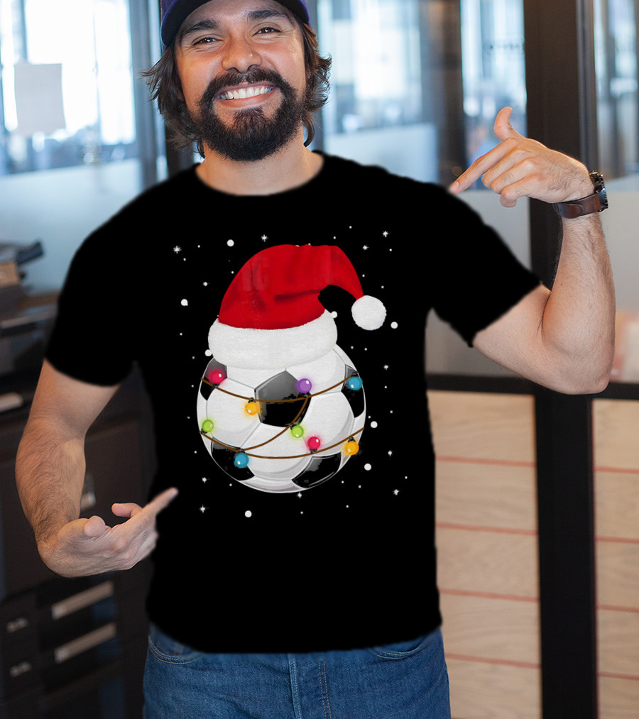 Santa Hat Soccer Ball Wrapped In Christmas Lights With Falling Snow T-Shirt