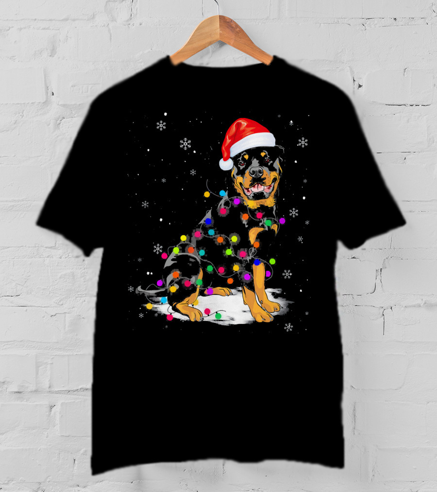 Rottweiler With Santa Hat And Colorful Christmas Lights In Snowy Scene T-Shirt