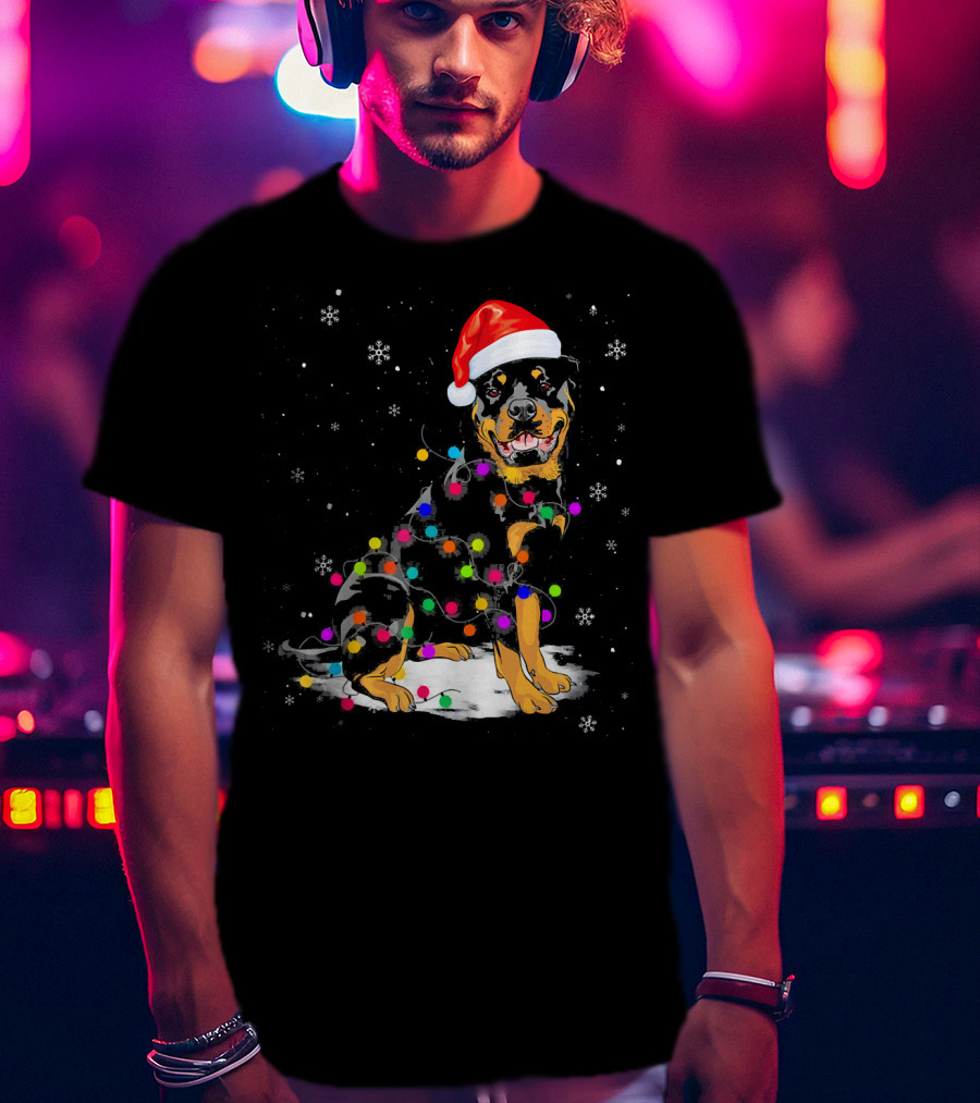 Rottweiler With Santa Hat And Colorful Christmas Lights In Snowy Scene T-Shirt
