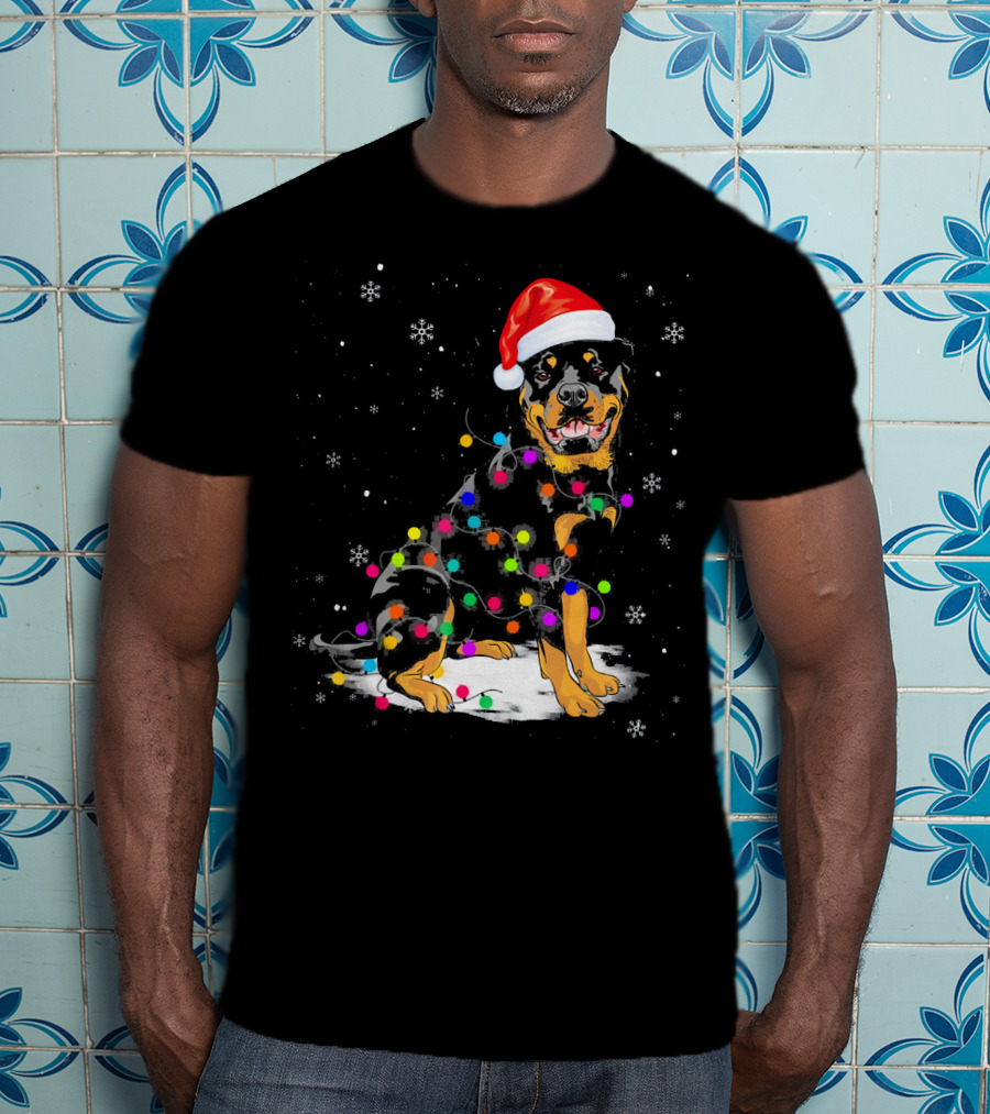 Rottweiler With Santa Hat And Colorful Christmas Lights In Snowy Scene T-Shirt