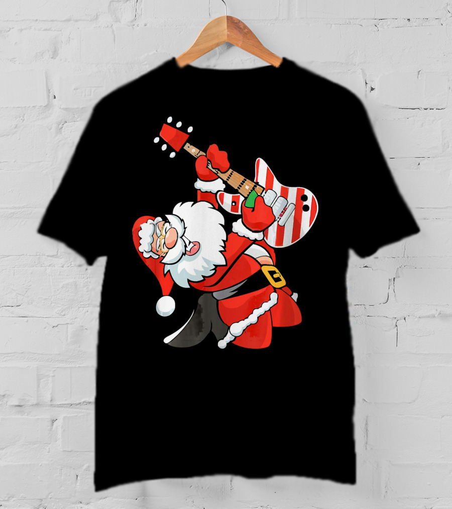 Santa Guitar Player Christmas Music Vintage Rock Holiday T-Shirt