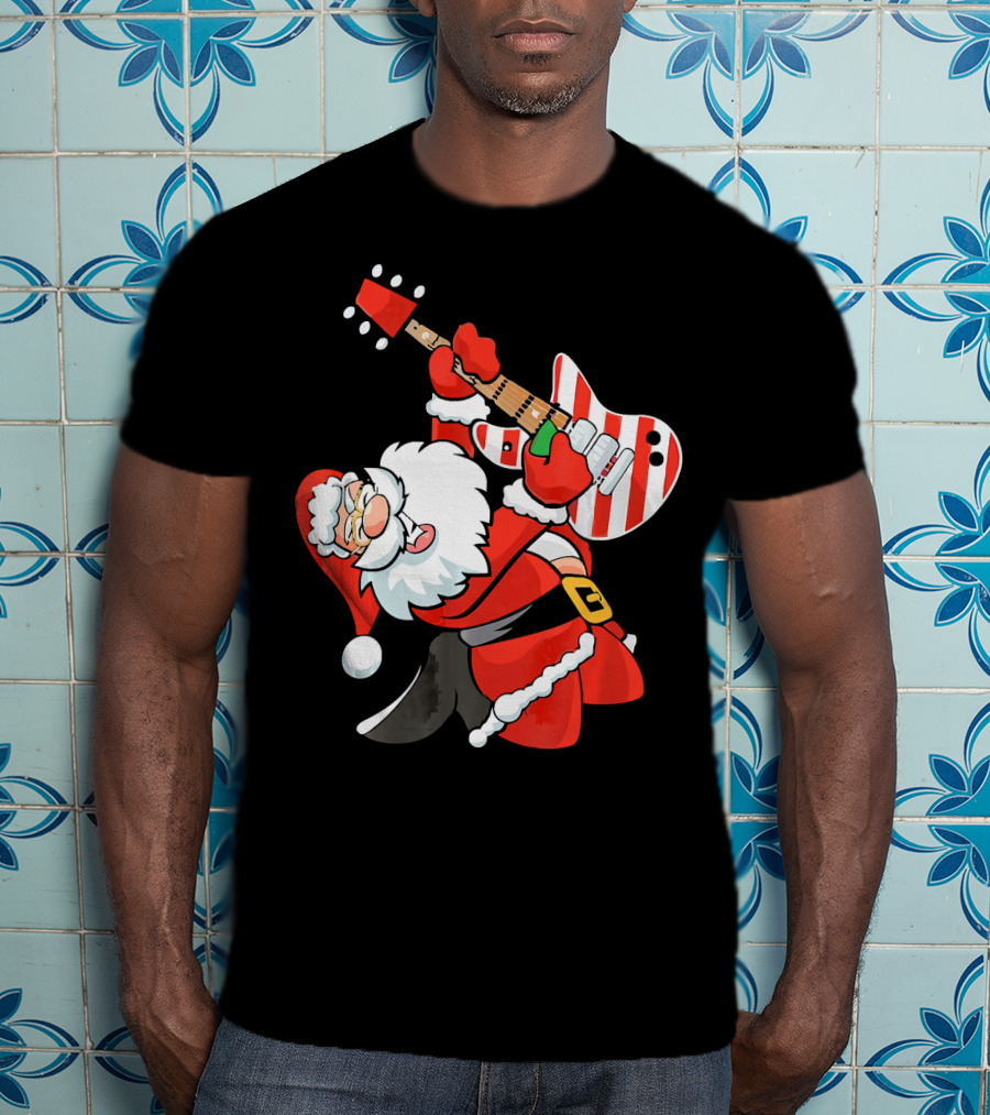 Santa Guitar Player Christmas Music Vintage Rock Holiday T-Shirt