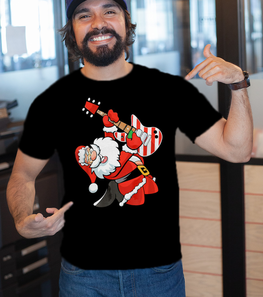 Santa Guitar Player Christmas Music Vintage Rock Holiday T-Shirt