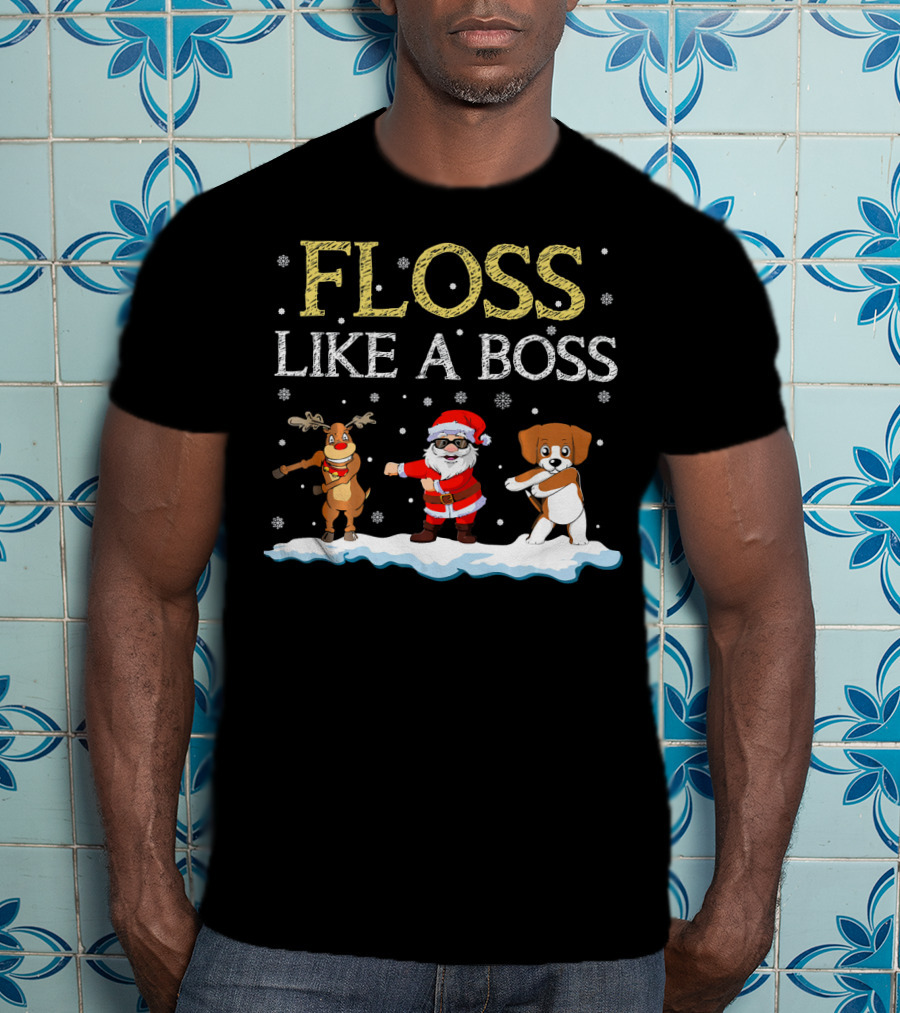 Floss Like A Boss Dancing Santa Beagle Reindeer Christmas T-Shirt