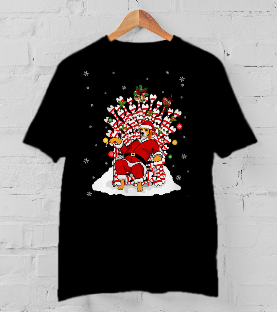 Beagle Dog In Santa Suit On Candy Cane And Bone Throne With Snowflakes T-Shirt
