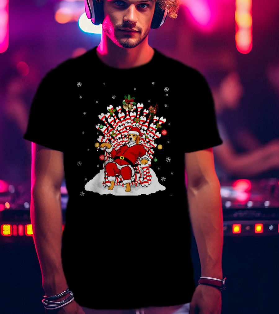 Beagle Dog In Santa Suit On Candy Cane And Bone Throne With Snowflakes T-Shirt