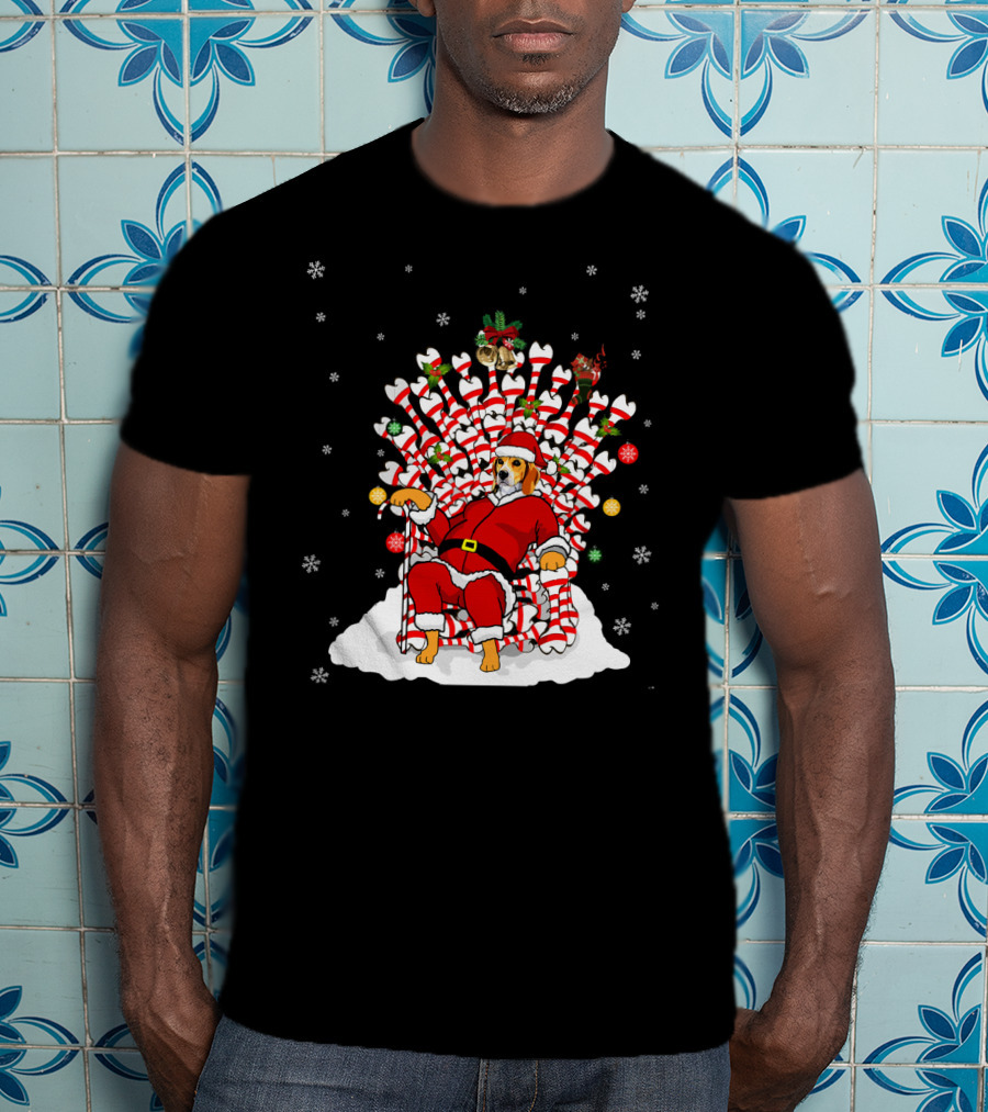 Beagle Dog In Santa Suit On Candy Cane And Bone Throne With Snowflakes T-Shirt