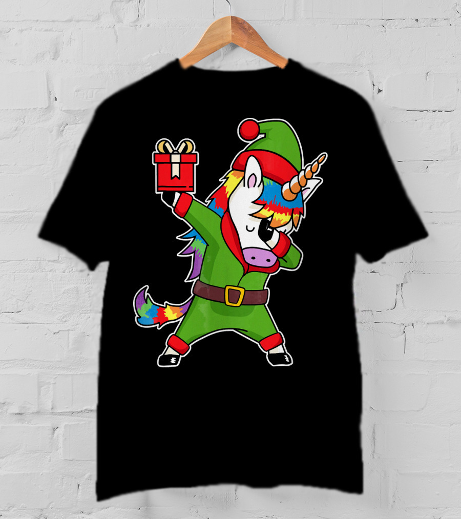 Christmas Dabbing Unicorn Elf With Rainbow Mane And Gift Box T-Shirt