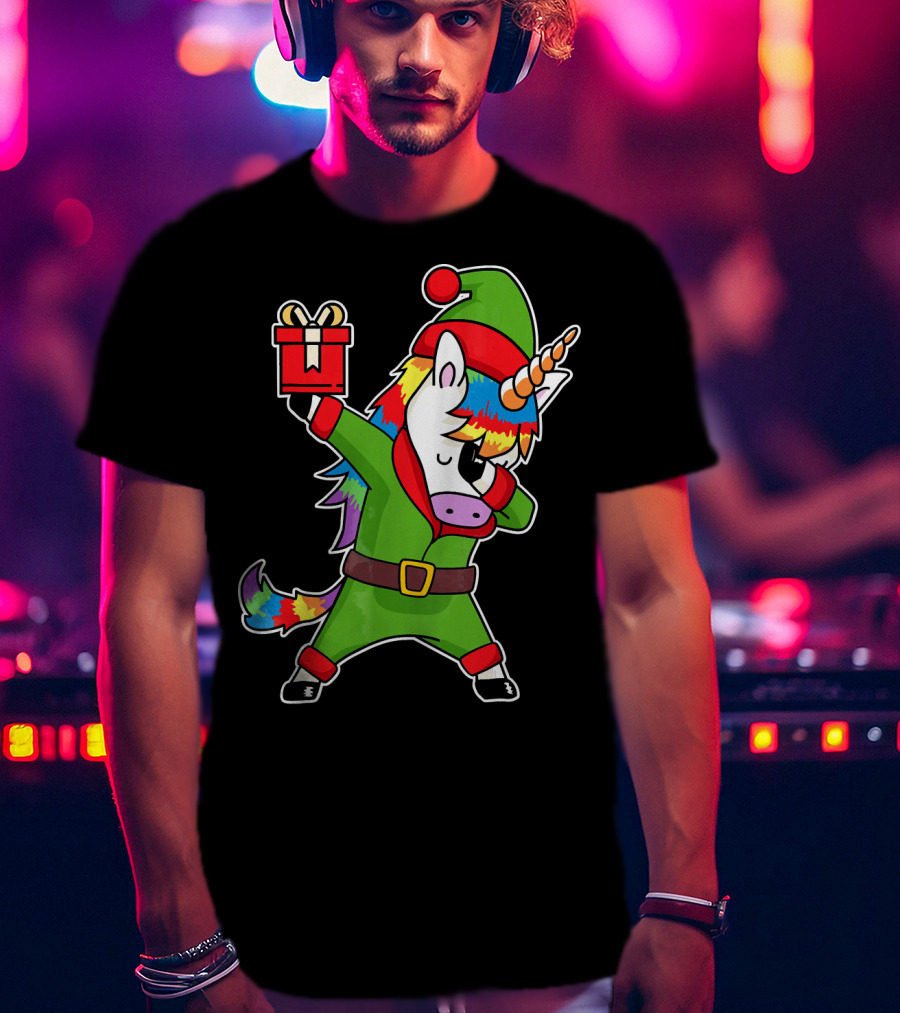 Christmas Dabbing Unicorn Elf With Rainbow Mane And Gift Box T-Shirt