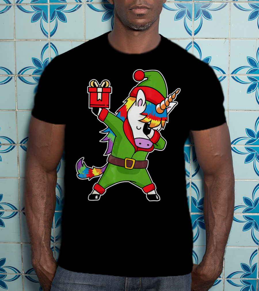 Christmas Dabbing Unicorn Elf With Rainbow Mane And Gift Box T-Shirt