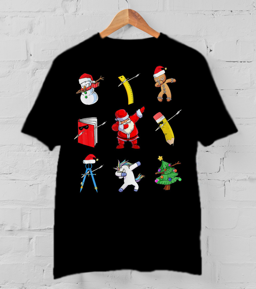 Funny Teacher Christmas Santa Dabbing Snowman Ruler Gingerbread Pencil Book Unicorn Tree T-Shirt