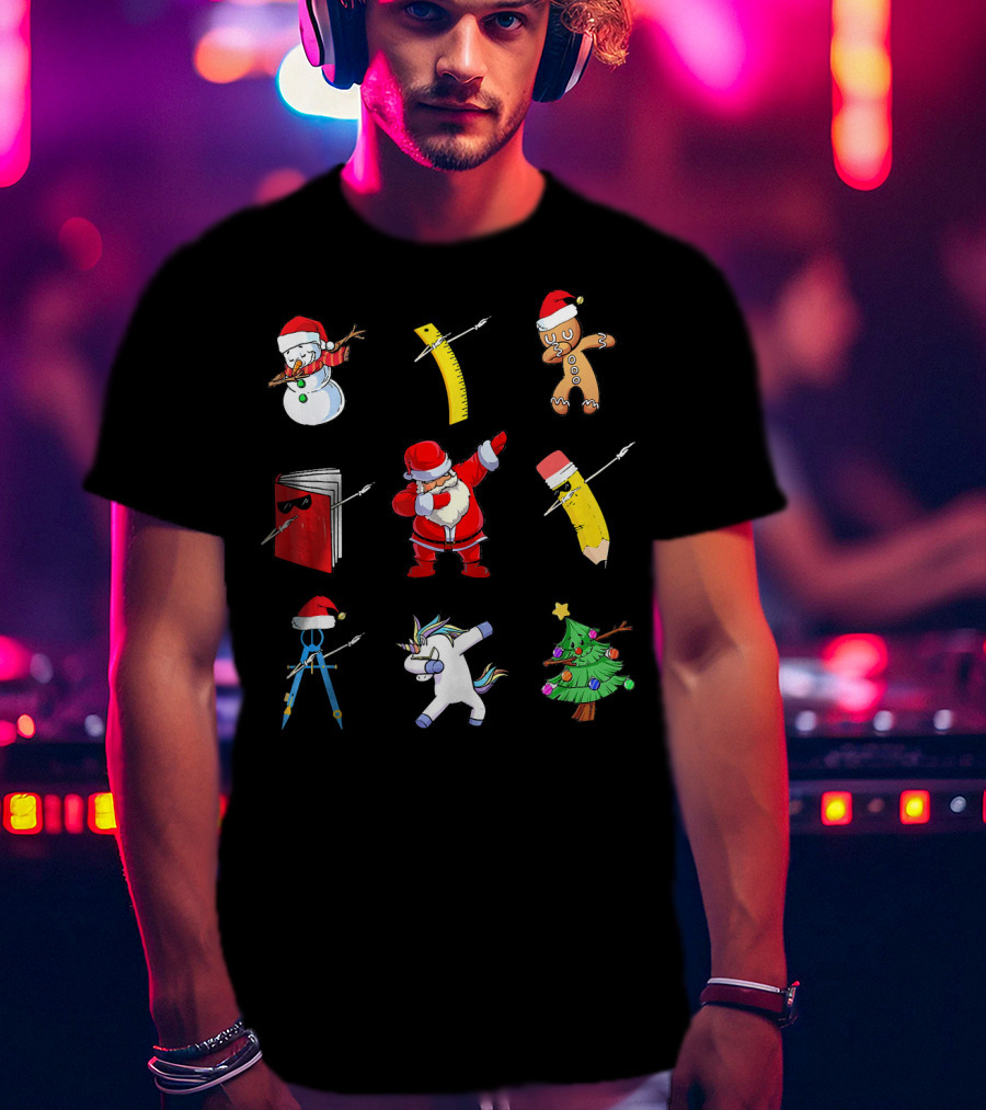 Funny Teacher Christmas Santa Dabbing Snowman Ruler Gingerbread Pencil Book Unicorn Tree T-Shirt