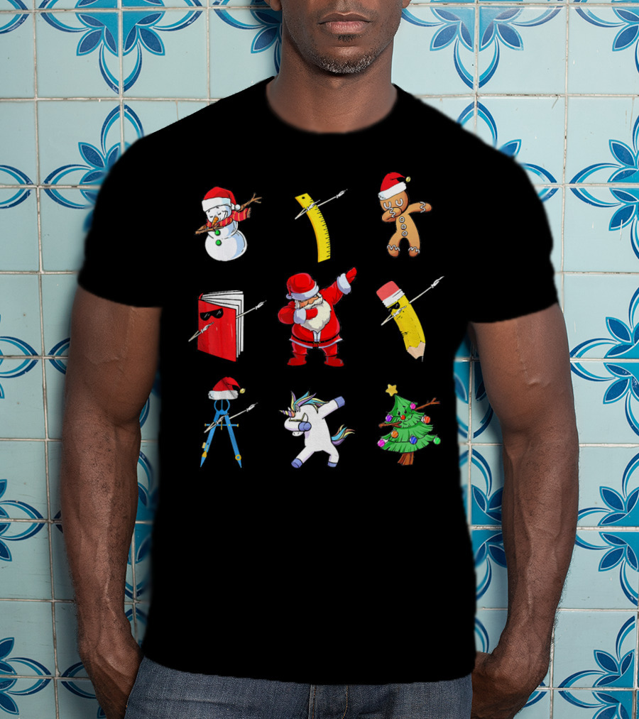 Funny Teacher Christmas Santa Dabbing Snowman Ruler Gingerbread Pencil Book Unicorn Tree T-Shirt