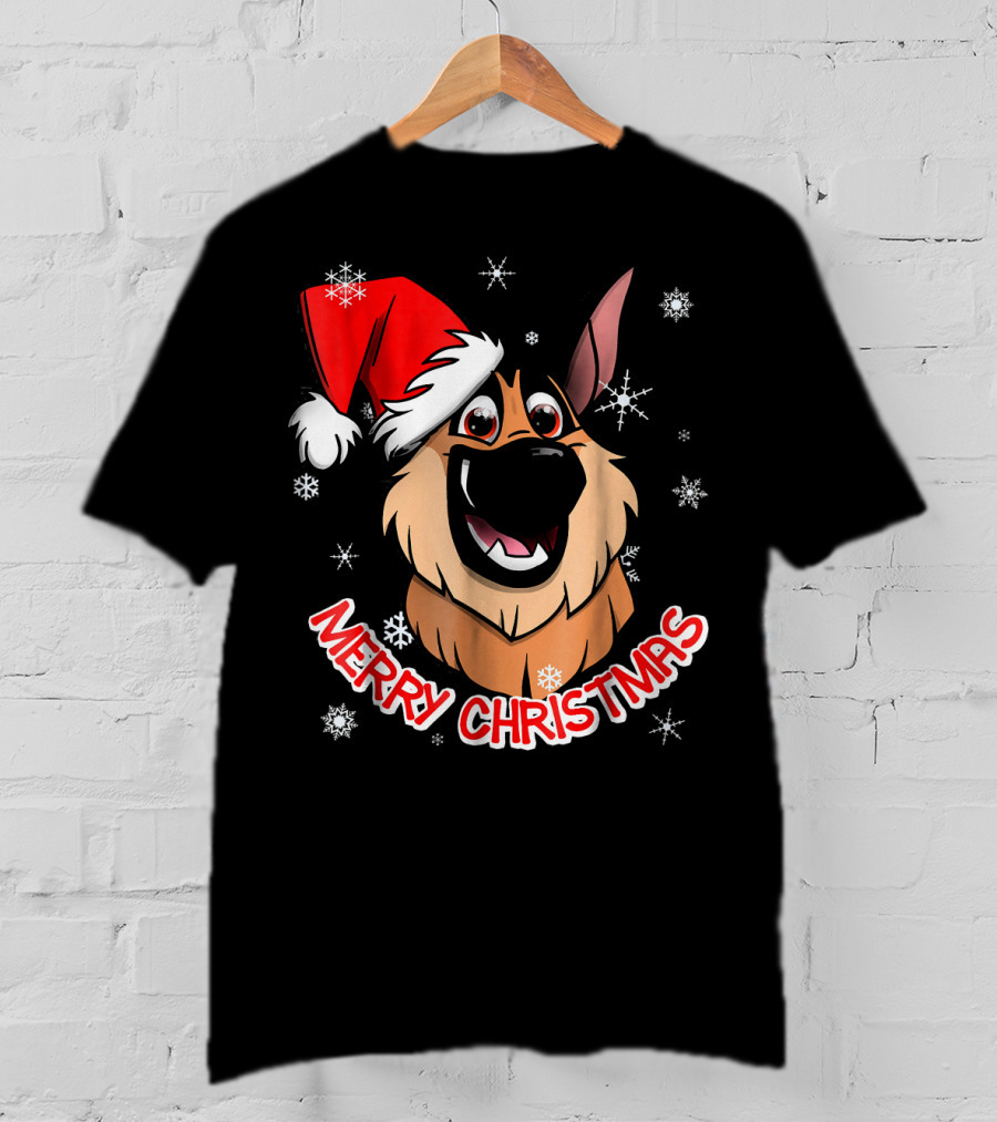 Merry Christmas GSD Smiling Santa Hat Snowflakes T-Shirt