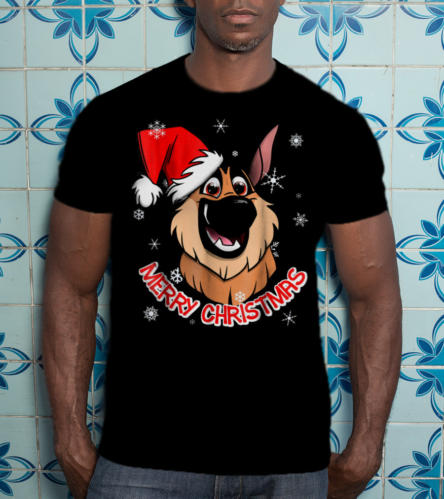 Merry Christmas GSD Smiling Santa Hat Snowflakes T-Shirt