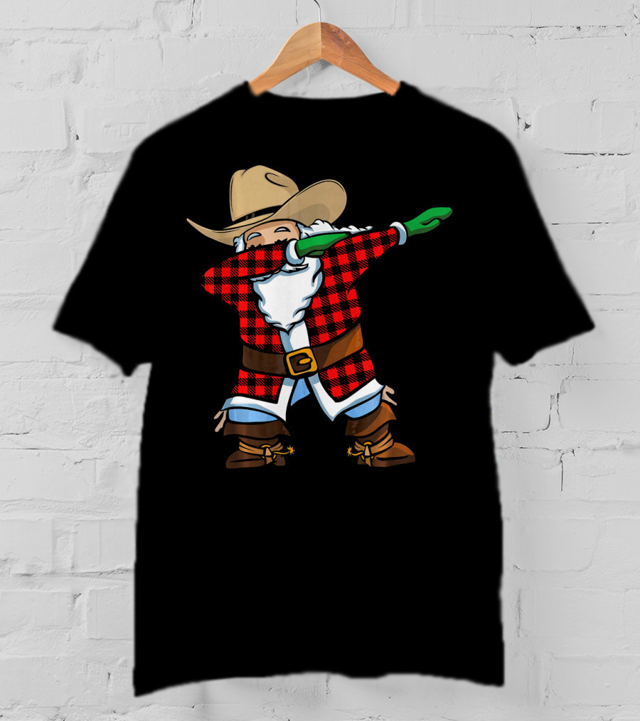 Santa Cowboy Christmas Dabbing Plaid T-Shirt