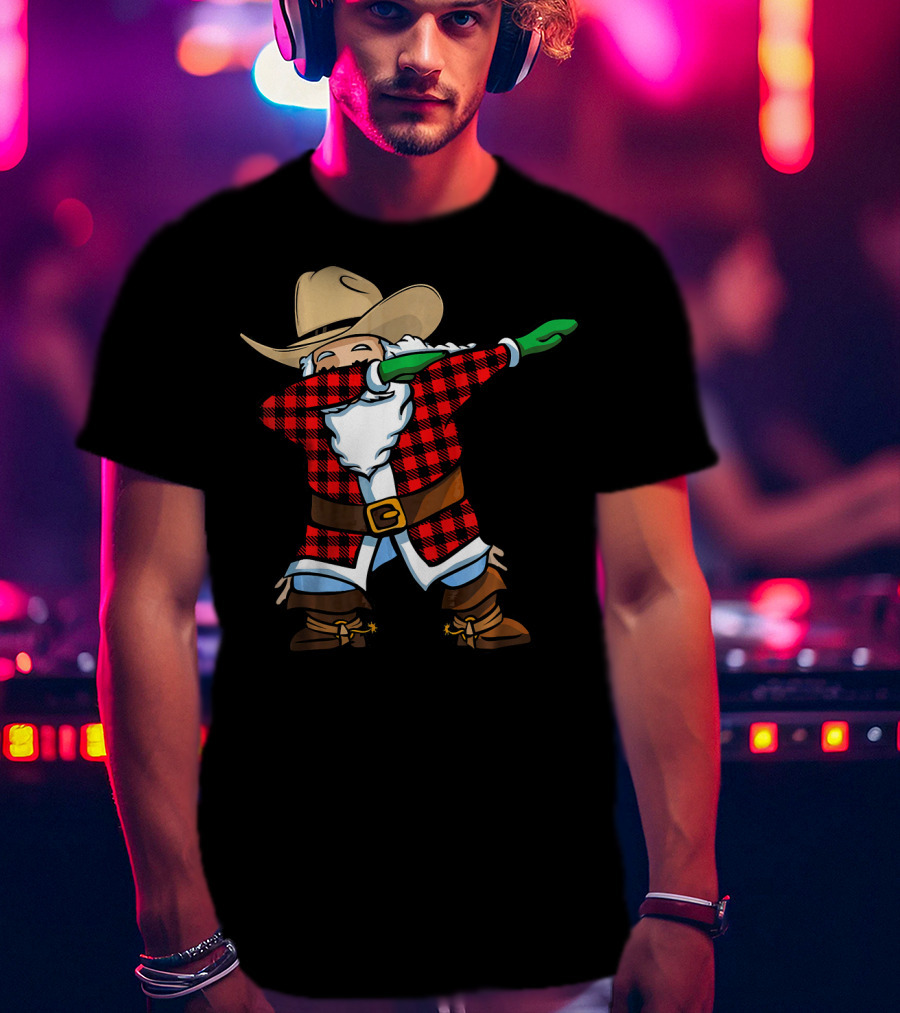 Santa Cowboy Christmas Dabbing Plaid T-Shirt