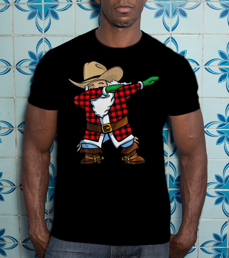 Santa Cowboy Christmas Dabbing Plaid T-Shirt